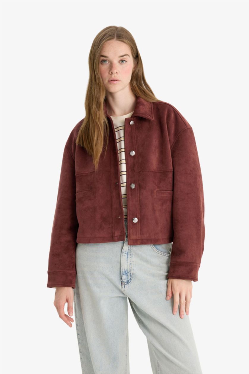 Kadın Bordo Regular Fit Polo Yaka Süet Mont