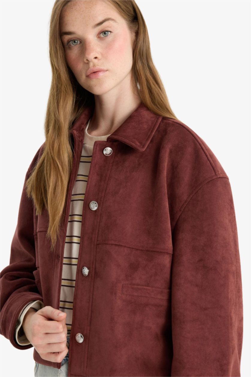 Kadın Bordo Regular Fit Polo Yaka Süet Mont