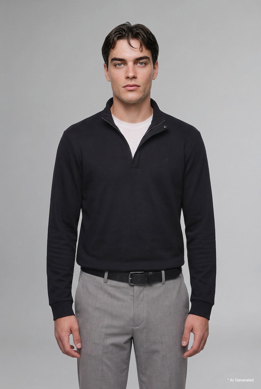 Erkek Siyah Regular Fıt Yarım Fermuarlı Sweatshirt