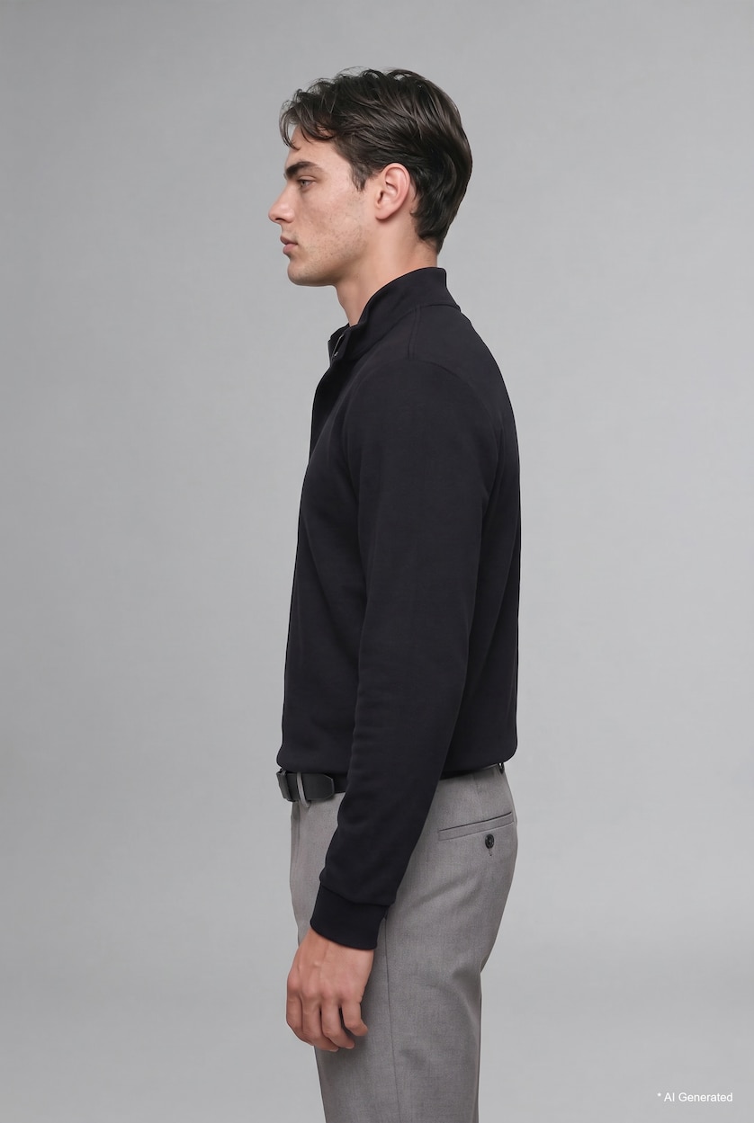 Erkek Siyah Regular Fıt Yarım Fermuarlı Sweatshirt