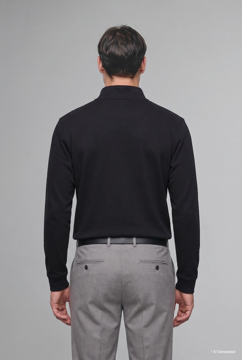 Erkek Siyah Regular Fıt Yarım Fermuarlı Sweatshirt