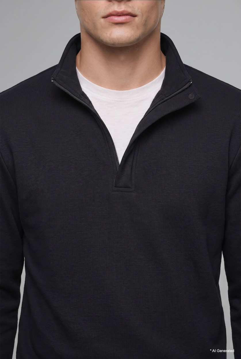 Erkek Siyah Regular Fıt Yarım Fermuarlı Sweatshirt