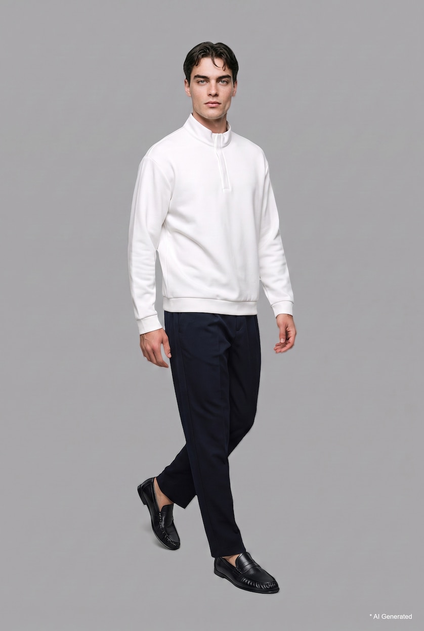 Erkek Beyaz Regular Fıt Yarım Fermuarlı Sweatshirt