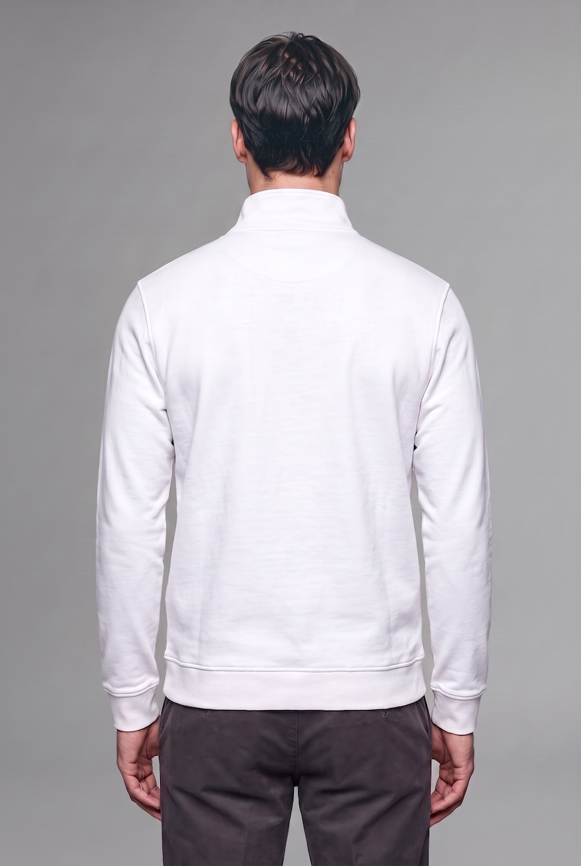 Erkek Beyaz Regular Fıt Yarım Fermuarlı Sweatshirt
