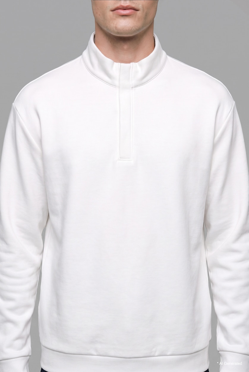 Erkek Beyaz Regular Fıt Yarım Fermuarlı Sweatshirt