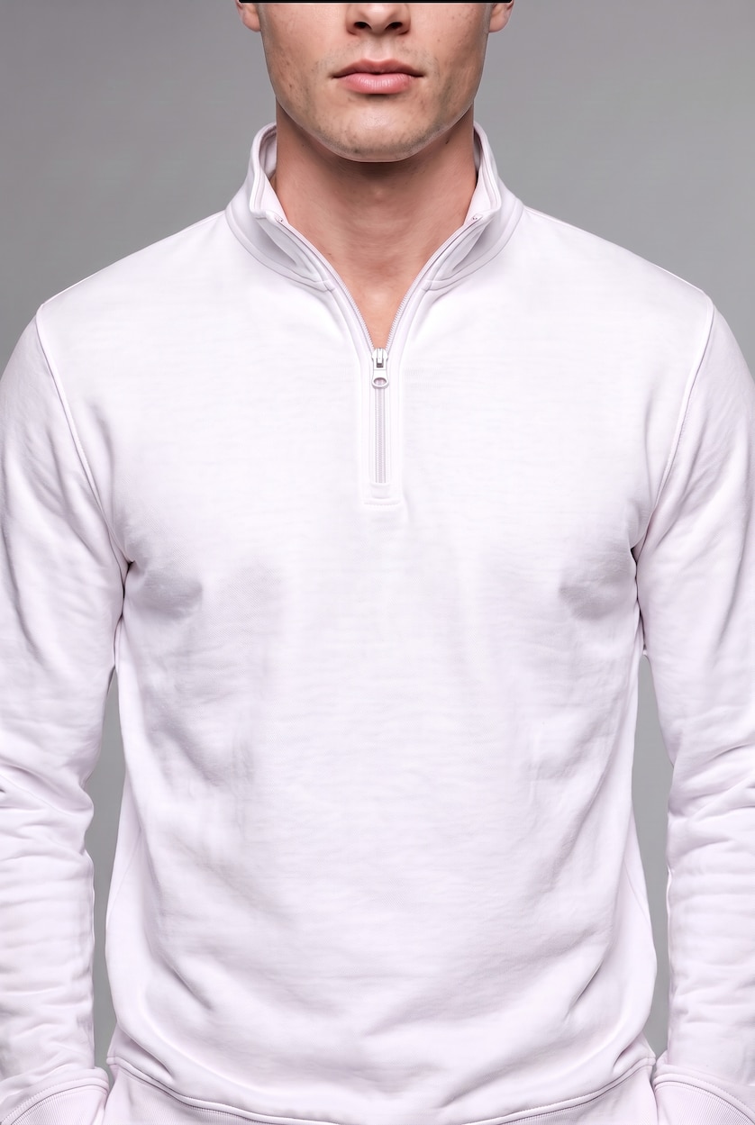 Erkek Beyaz Regular Fıt Yarım Fermuarlı Sweatshirt
