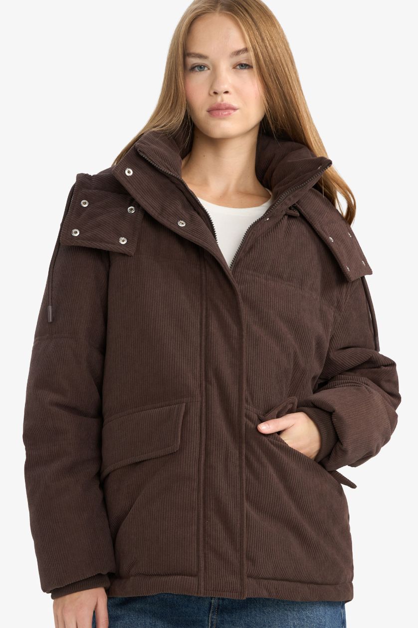 WOMAN Brown Regular Fit Velvet Hooded Puffer Jacket