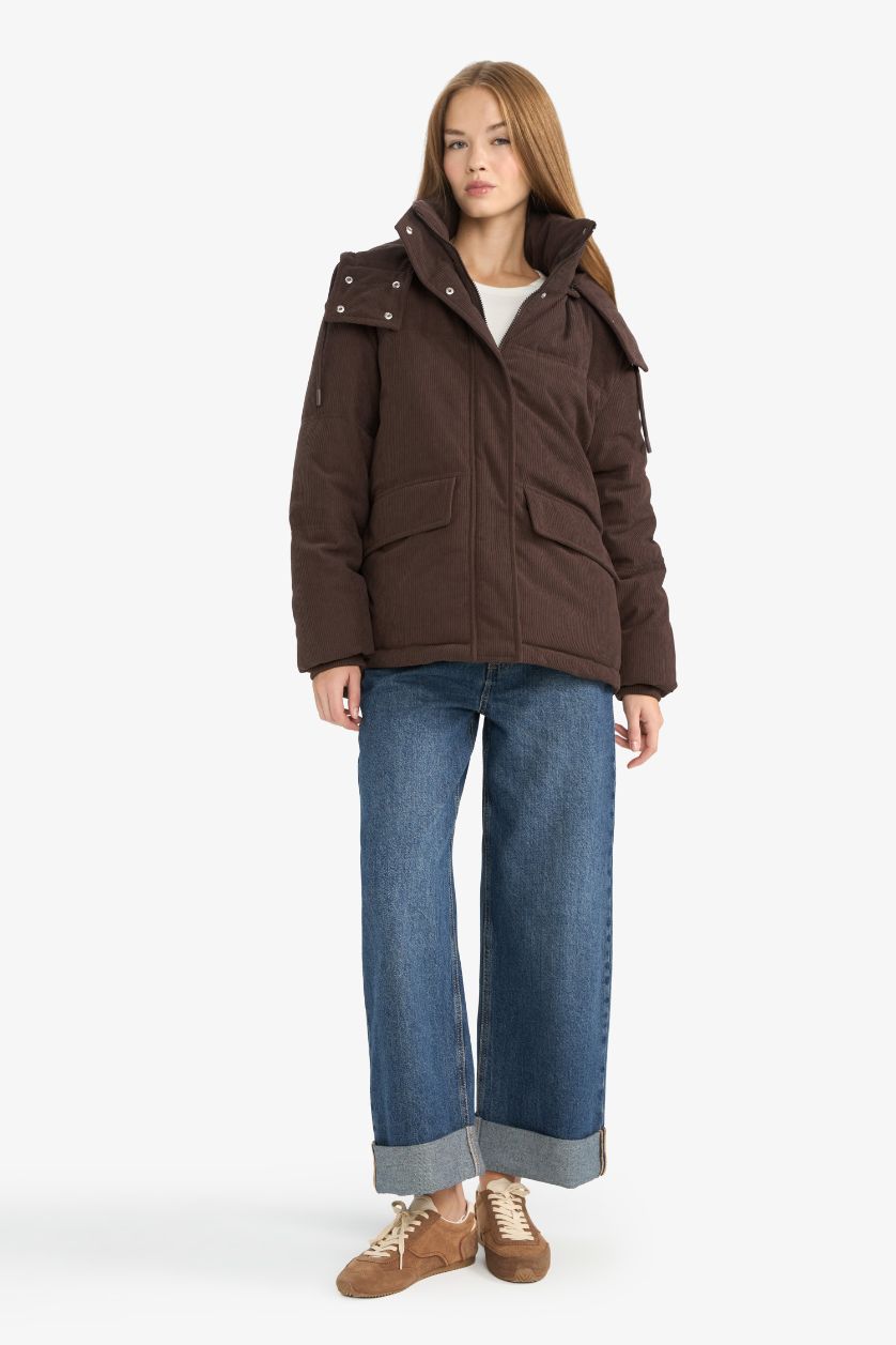 WOMAN Brown Regular Fit Velvet Hooded Puffer Jacket