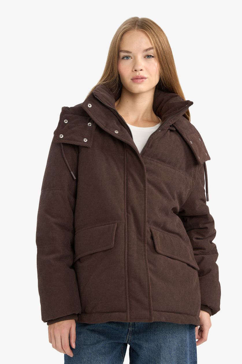 WOMAN Brown Regular Fit Velvet Hooded Puffer Jacket