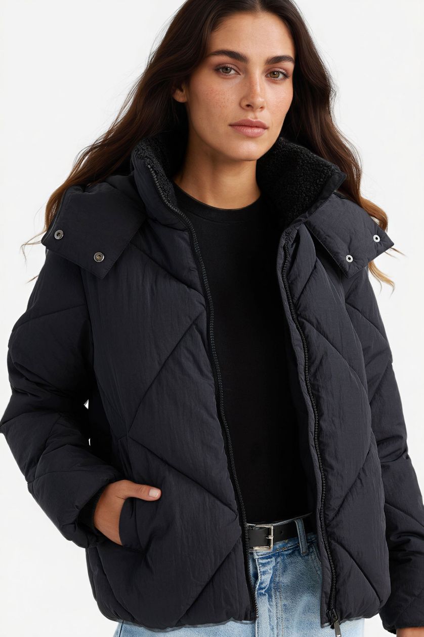 Kadın Siyah Su Geçirmez Standart Fıt Suni Kürk Astarlı Mont