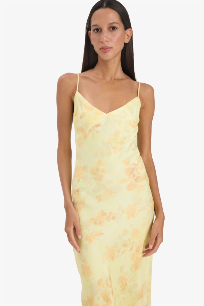Kadın Sarı V Yaka Desenlil Yırtmaçlı Saten Askılı Midi Elbise