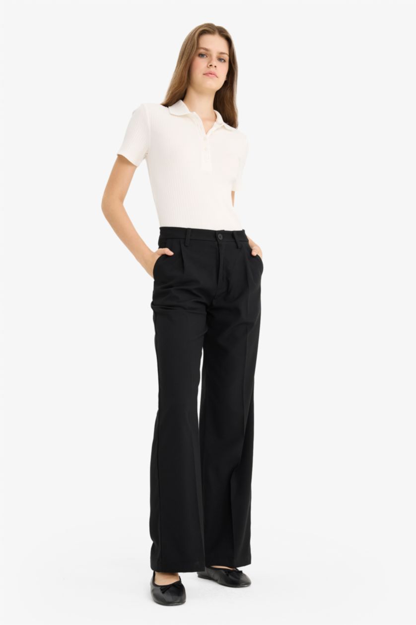 WOMAN Black Zippered Regular Waist Wide Leg Trousers