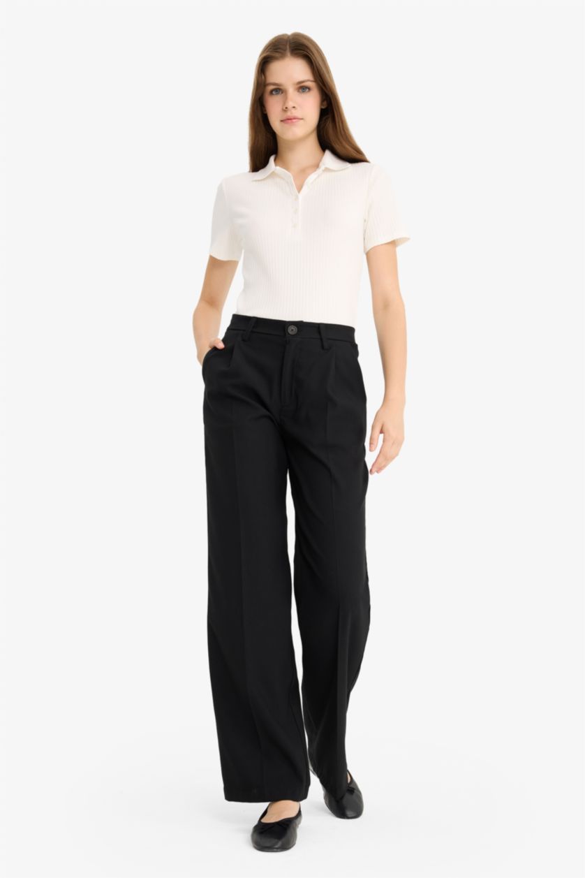 WOMAN Black Zippered Regular Waist Wide Leg Trousers