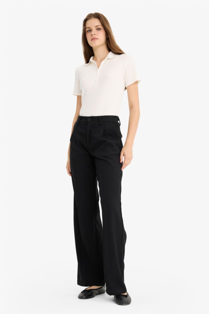 WOMAN Black Zippered Regular Waist Wide Leg Trousers