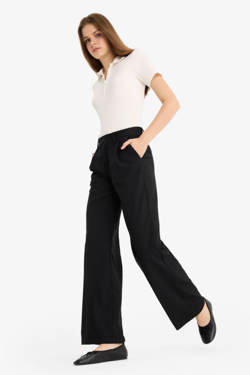 WOMAN Black Zippered Regular Waist Wide Leg Trousers