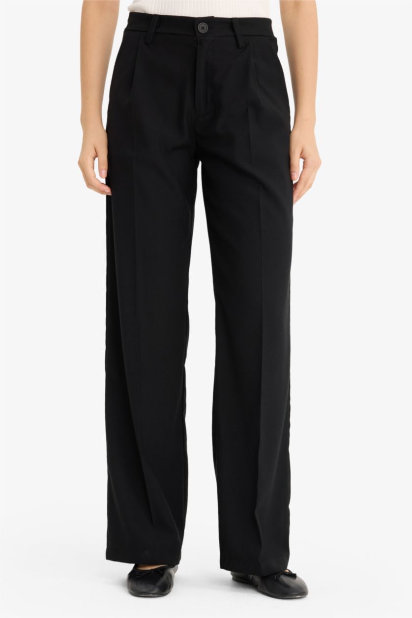 WOMAN Black Zippered Regular Waist Wide Leg Trousers