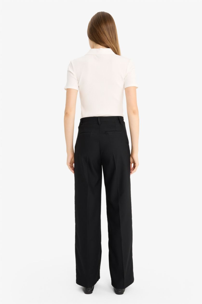 WOMAN Black Zippered Regular Waist Wide Leg Trousers