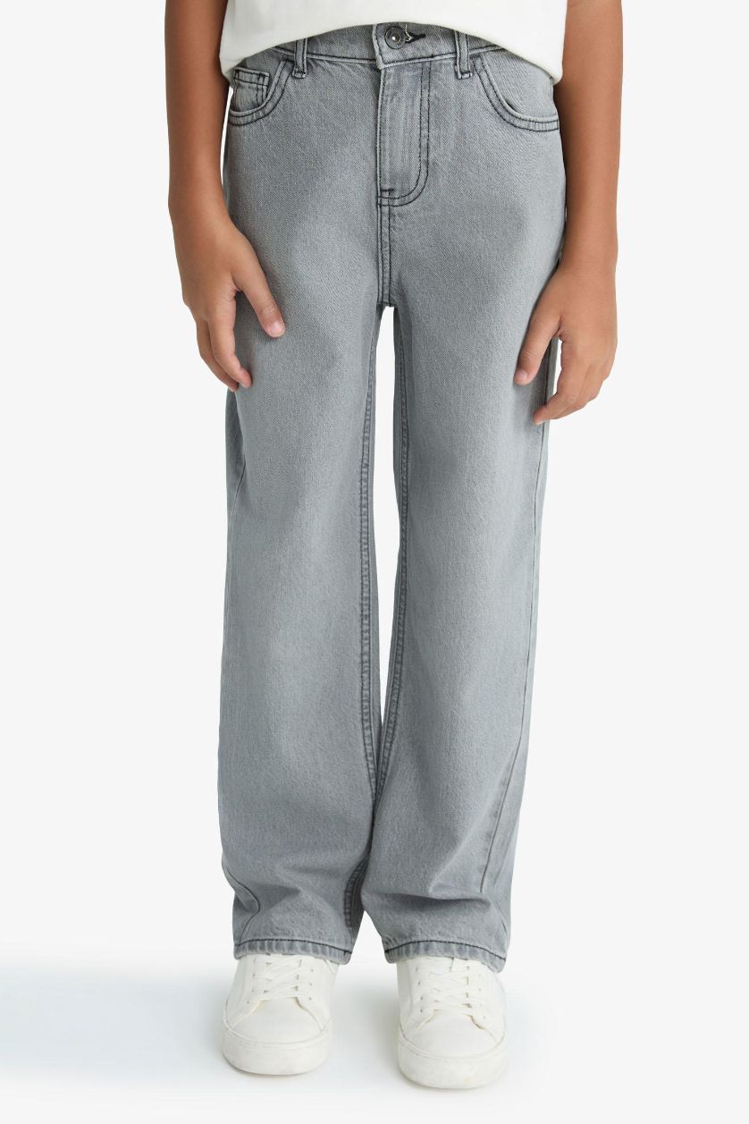 Erkek Çocuk - Genç Erkek Gri Wide Leg Düz Paça Jean Pantolon Erkek Çocuk