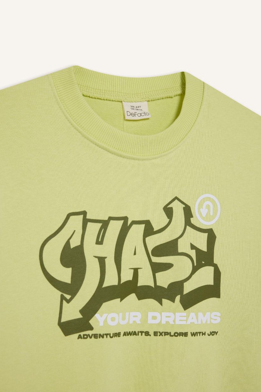 أولادي أخضر فاتح سويت شيرت أولادي مطبوع بياقة مستديرة