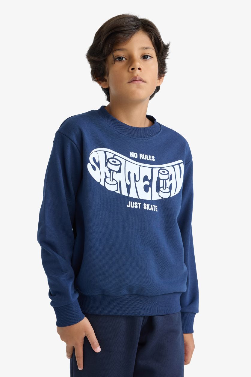 Erkek Çocuk - Genç Erkek Lacivert Bisiklet Yaka Baskılı Sweatshirt Erkek Çocuk