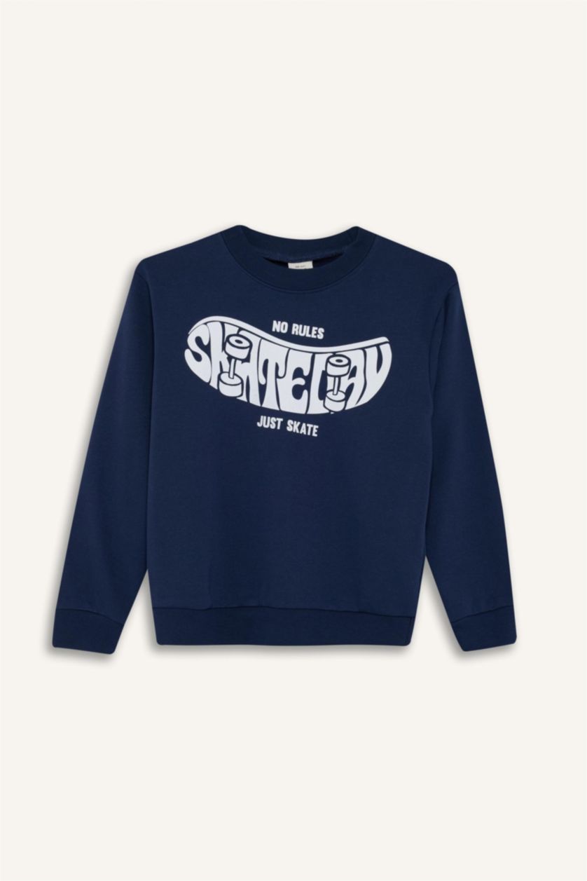 Erkek Çocuk - Genç Erkek Lacivert Bisiklet Yaka Baskılı Sweatshirt Erkek Çocuk