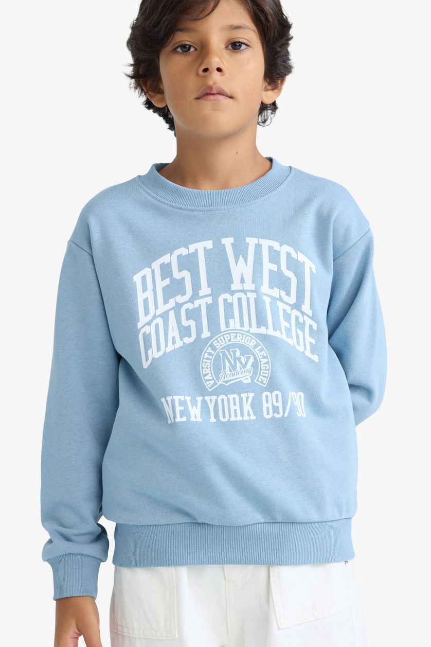 Erkek Çocuk - Genç Erkek Mavi Bisiklet Yaka Baskılı Sweatshirt Erkek Çocuk