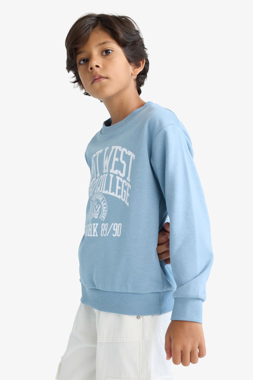 Erkek Çocuk - Genç Erkek Mavi Bisiklet Yaka Baskılı Sweatshirt Erkek Çocuk