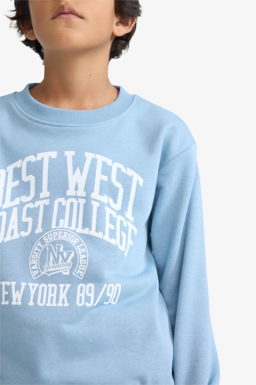 Erkek Çocuk - Genç Erkek Mavi Bisiklet Yaka Baskılı Sweatshirt Erkek Çocuk