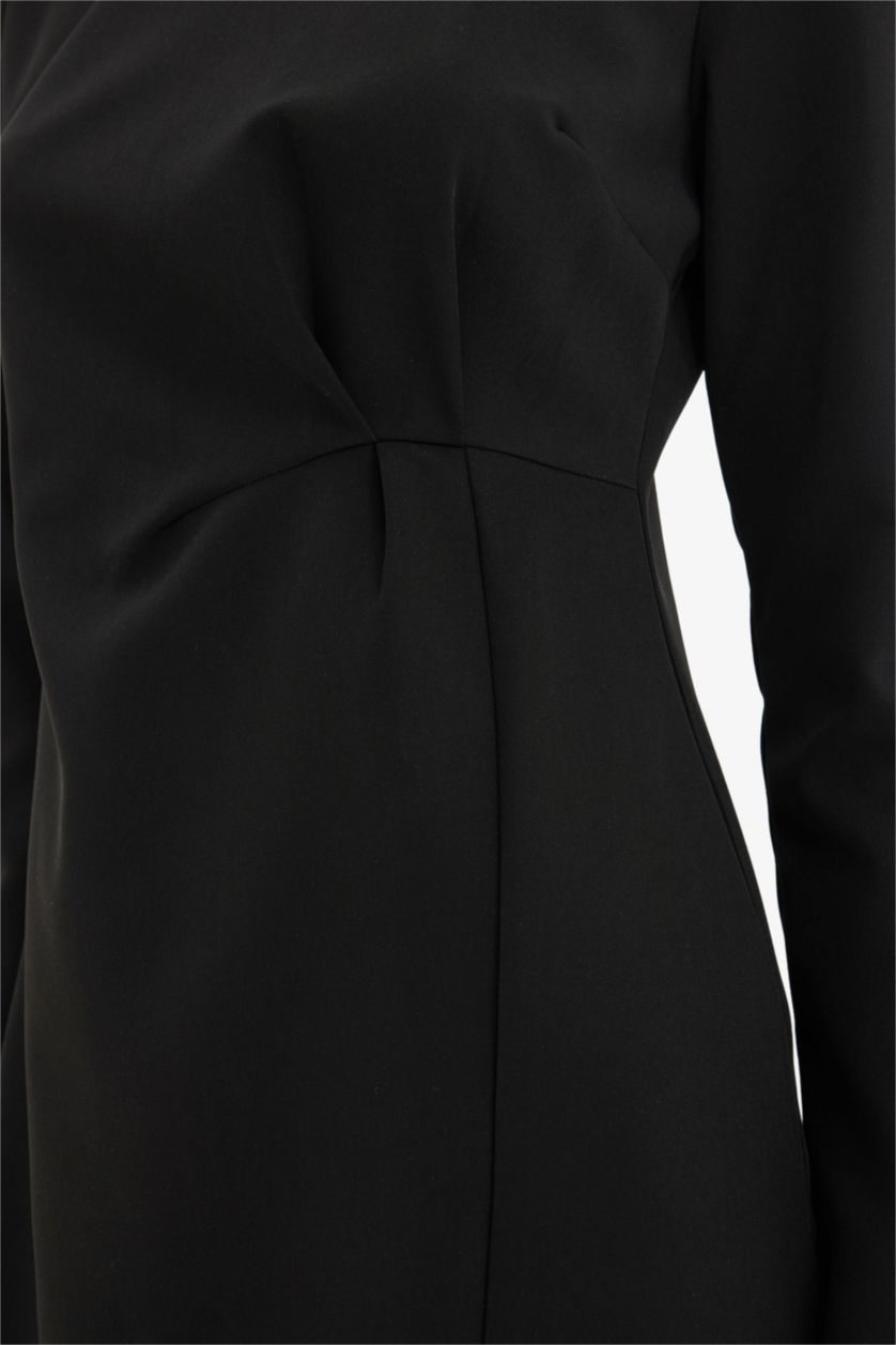 نساء أسود فستان كم طويل قصة عادية برقبة مستديرة