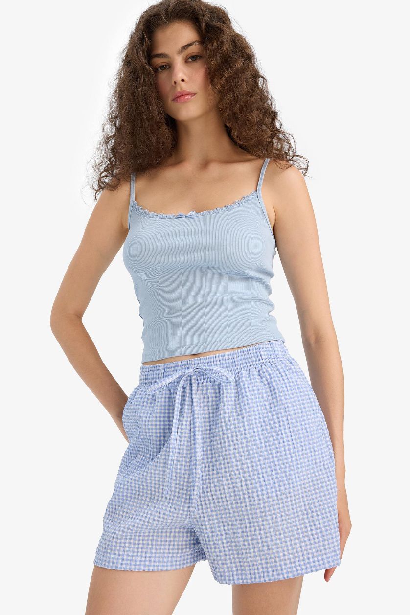 حريمي أزرق فاتح شورت كاروهات قصة A بخصر عادي