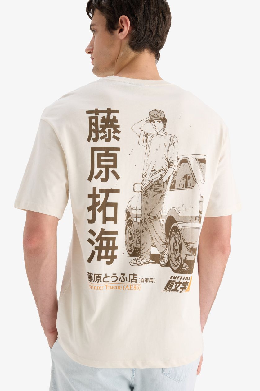 Erkek Ekru %100 Pamuk Initial D Boxy Fit Bisiklet Yaka Sırt Baskılı Kısa Kollu Tişört