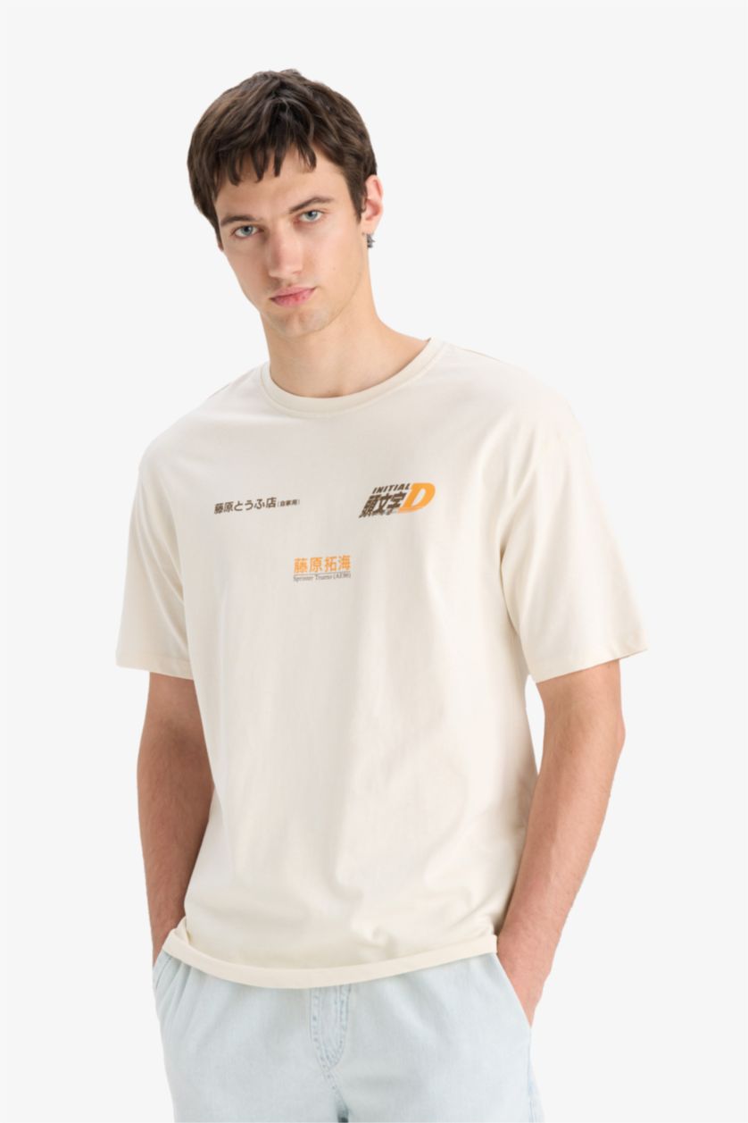 Erkek Ekru %100 Pamuk Initial D Boxy Fit Bisiklet Yaka Sırt Baskılı Kısa Kollu Tişört