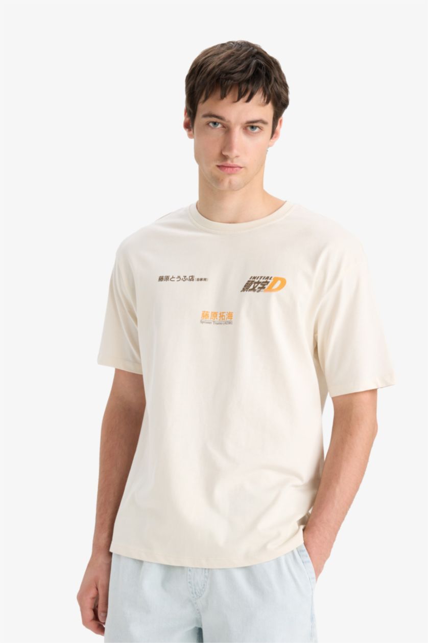 Erkek Ekru %100 Pamuk Initial D Boxy Fit Bisiklet Yaka Sırt Baskılı Kısa Kollu Tişört