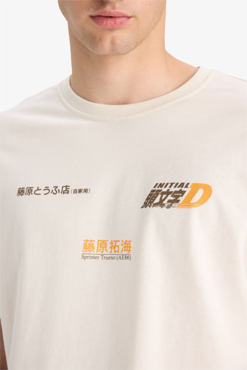 Erkek Ekru %100 Pamuk Initial D Boxy Fit Bisiklet Yaka Sırt Baskılı Kısa Kollu Tişört