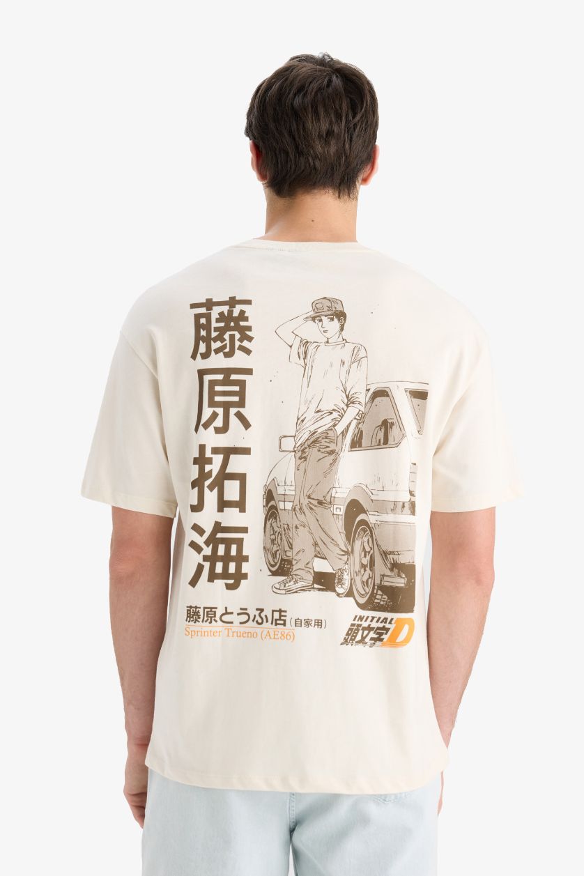 Erkek Ekru %100 Pamuk Initial D Boxy Fit Bisiklet Yaka Sırt Baskılı Kısa Kollu Tişört