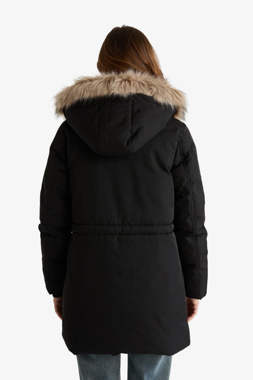 Kadın Siyah Su Geçirmez Relax Fıt Kapüşonlu Parka