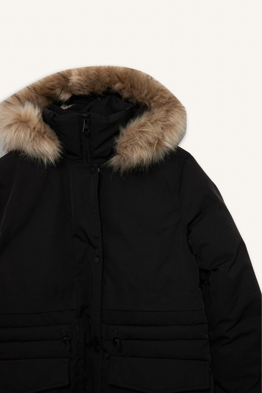 Kadın Siyah Su Geçirmez Relax Fıt Kapüşonlu Parka