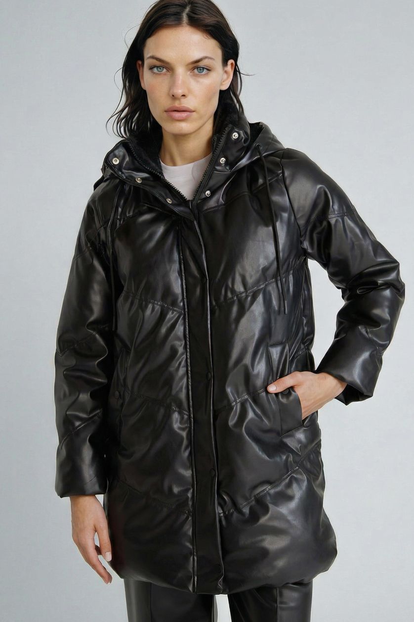 Woman Black Waterproof Relax Fit Faux Leather Coat