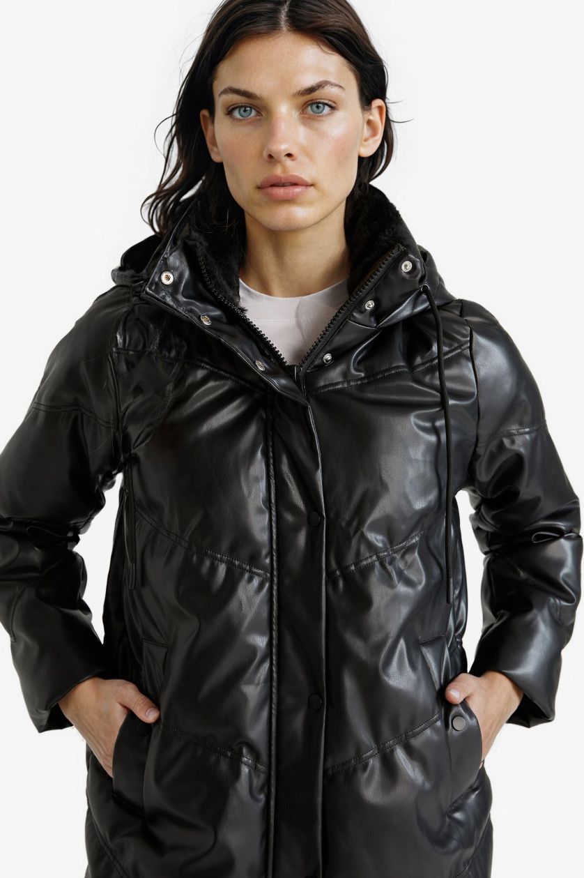 Woman Black Waterproof Relax Fit Faux Leather Coat