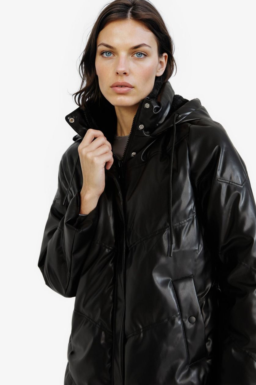 Woman Black Waterproof Relax Fit Faux Leather Coat