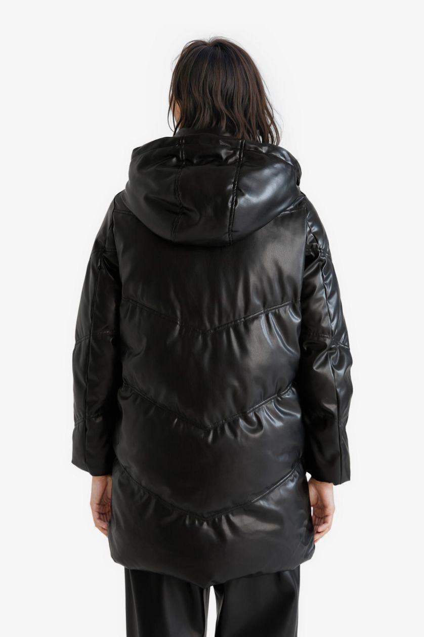 Woman Black Waterproof Relax Fit Faux Leather Coat