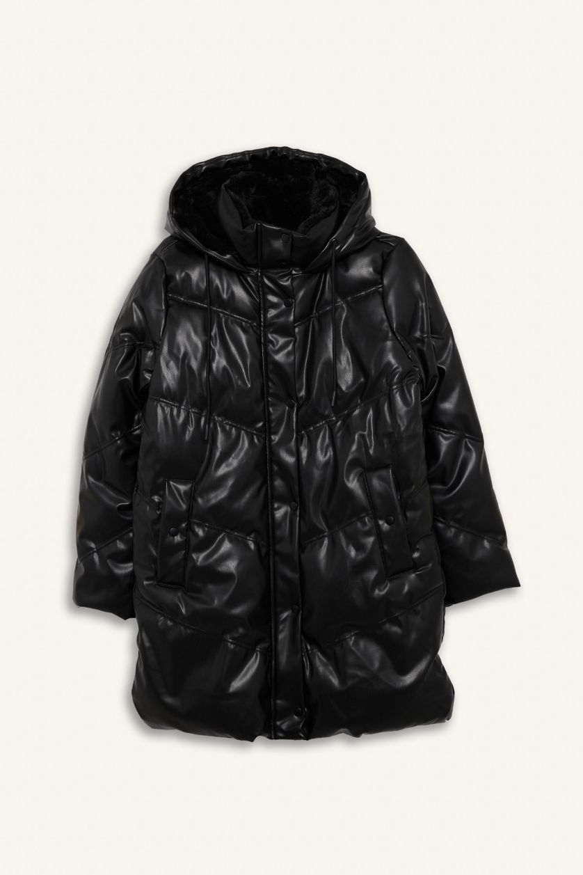 Woman Black Waterproof Relax Fit Faux Leather Coat