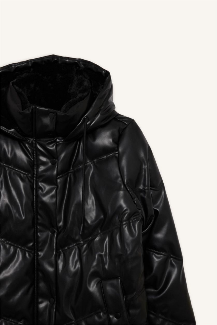 Woman Black Waterproof Relax Fit Faux Leather Coat