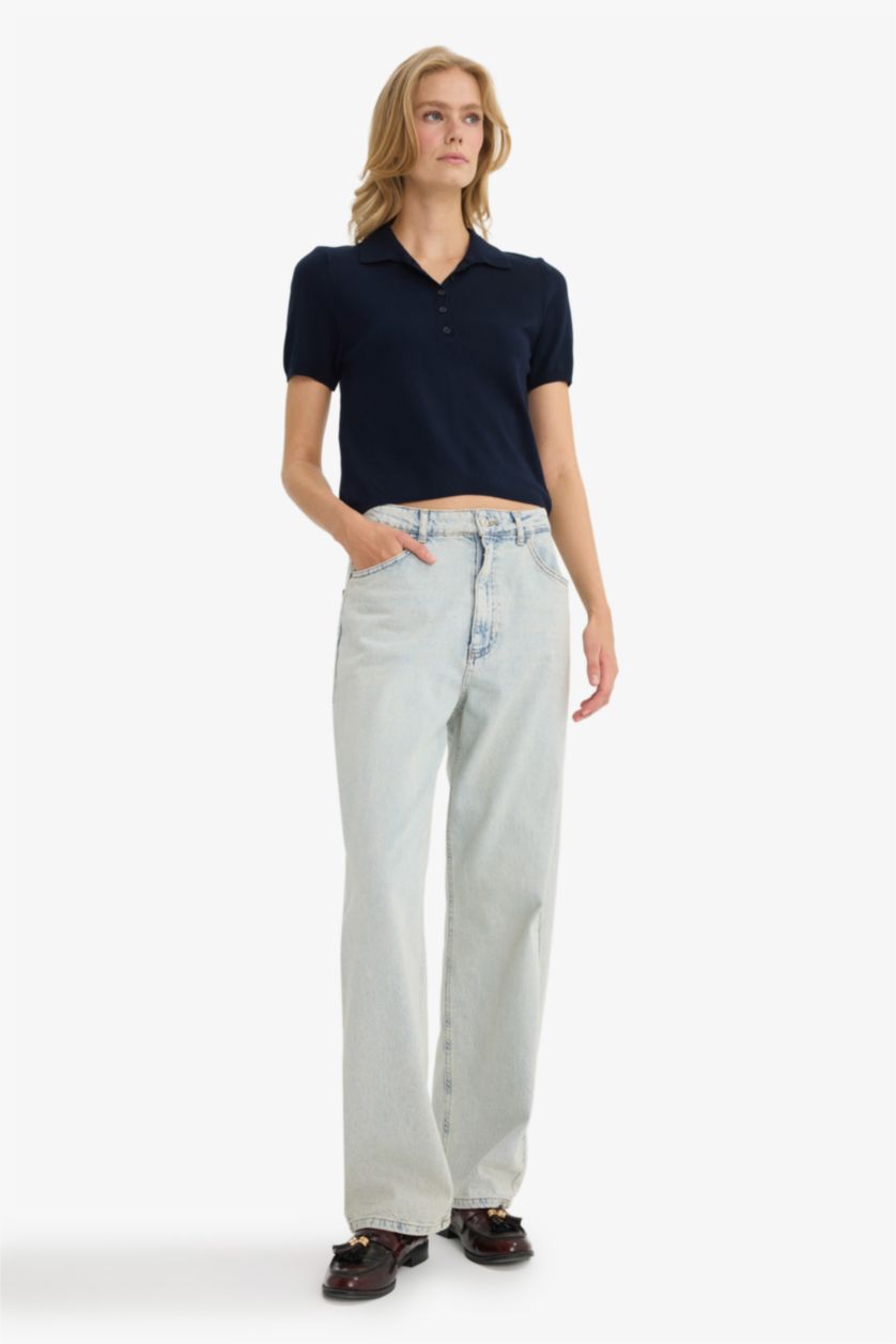 Kadın Lacivert Fitted Polo Yaka Kısa Kollu Triko Kazak