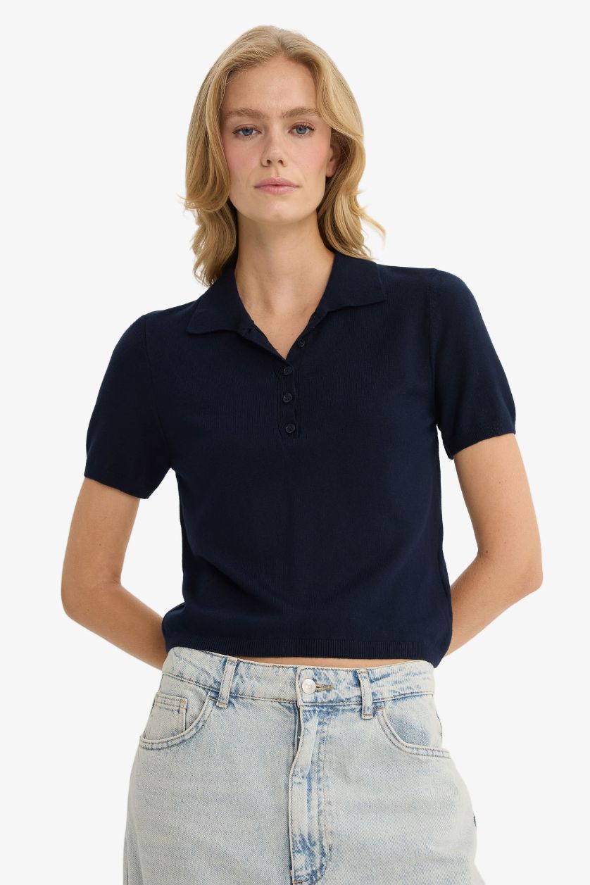 Kadın Lacivert Fitted Polo Yaka Kısa Kollu Triko Kazak