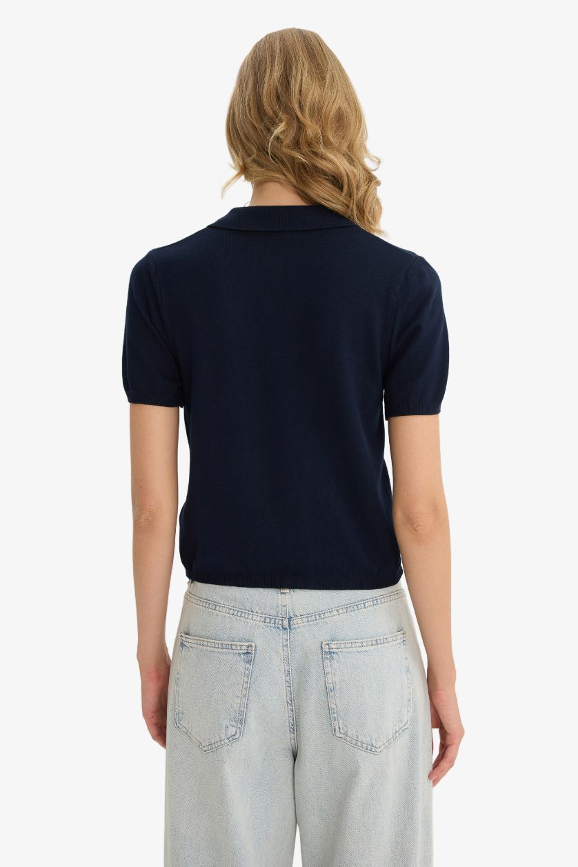 Kadın Lacivert Fitted Polo Yaka Kısa Kollu Triko Kazak
