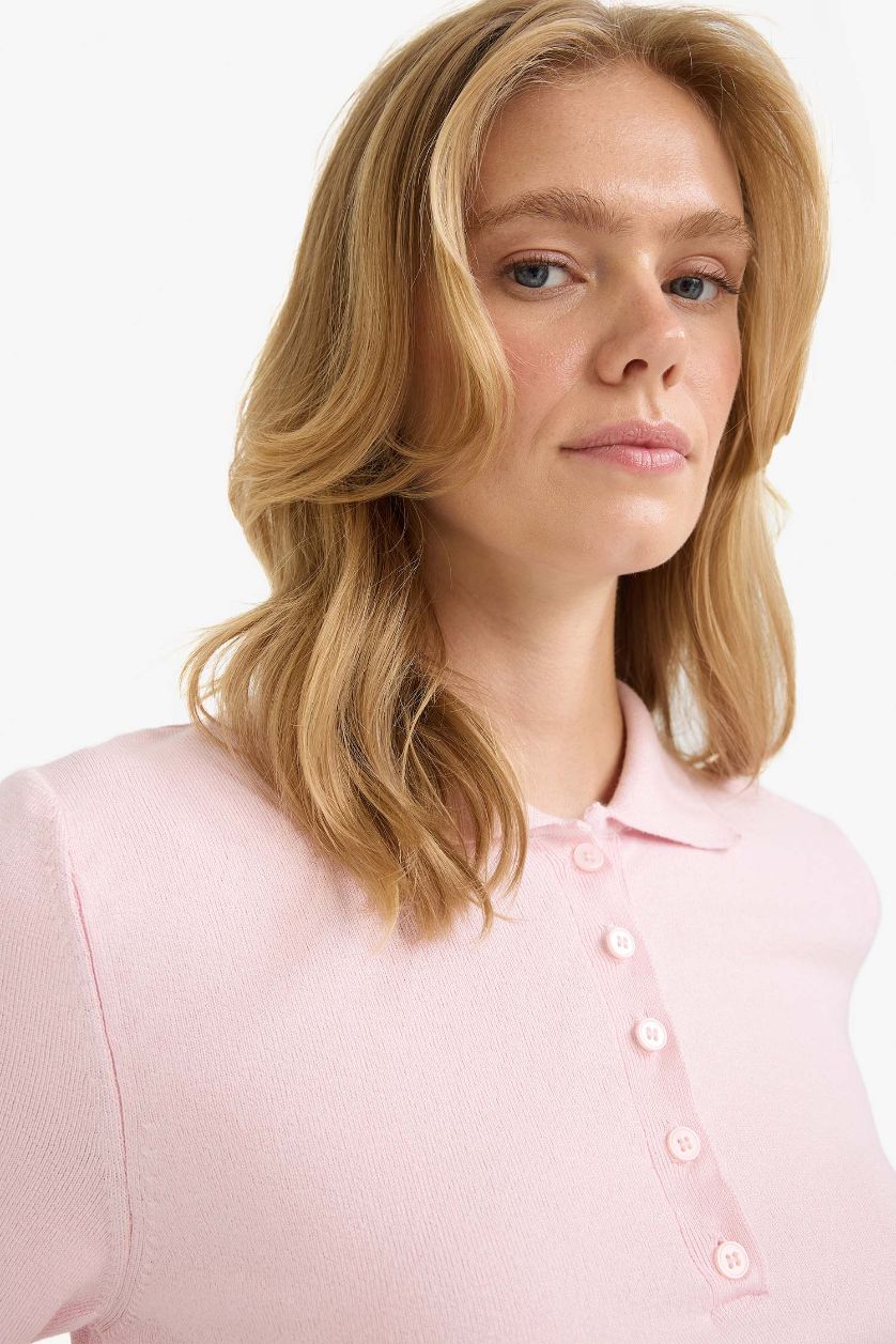 Kadın Pembe Fitted Polo Yaka Kısa Kollu Triko Kazak