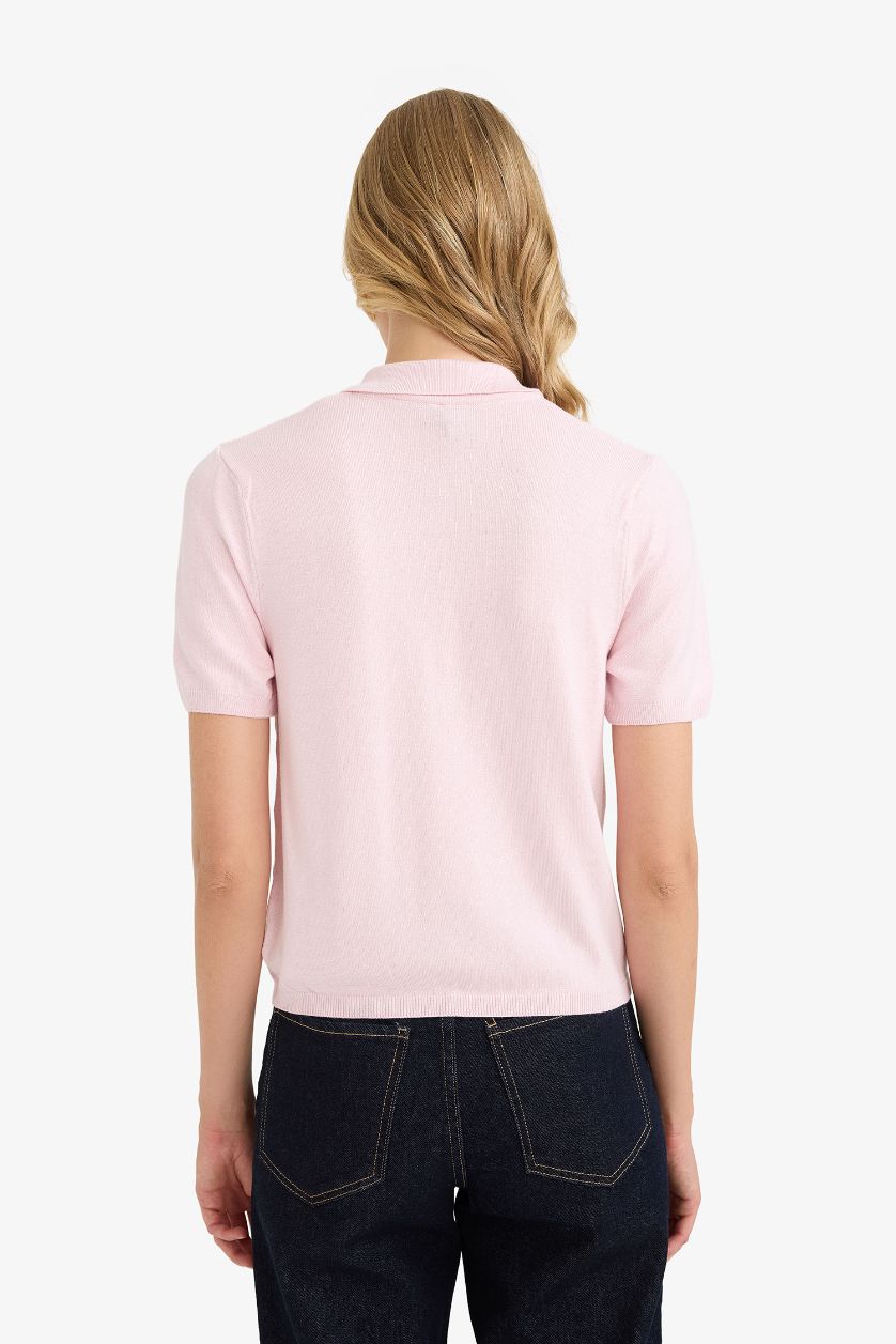 Kadın Pembe Fitted Polo Yaka Kısa Kollu Triko Kazak