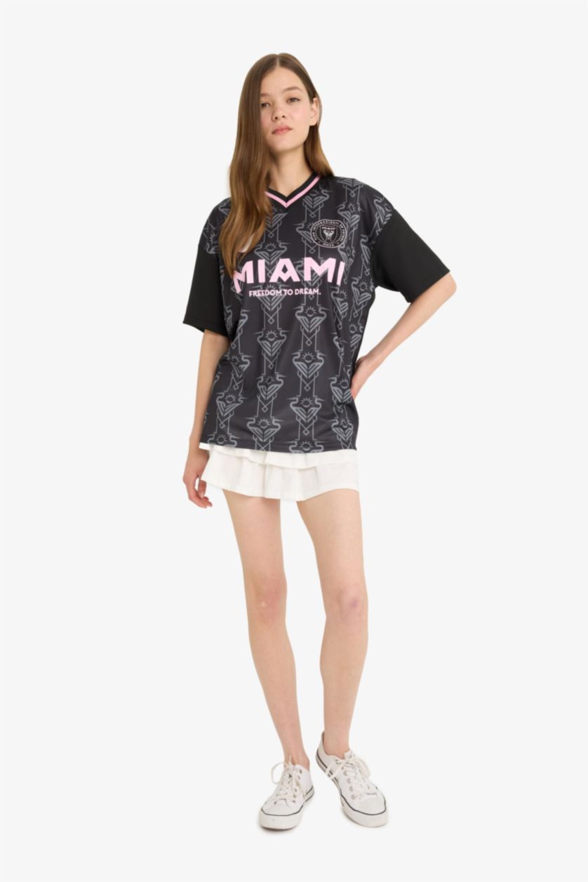 Kadın Siyah MLS Oversize Geniş Kalıp Sırt Baskılı Jakarlı Forma Kumaşı Kısa Kollu Tişört