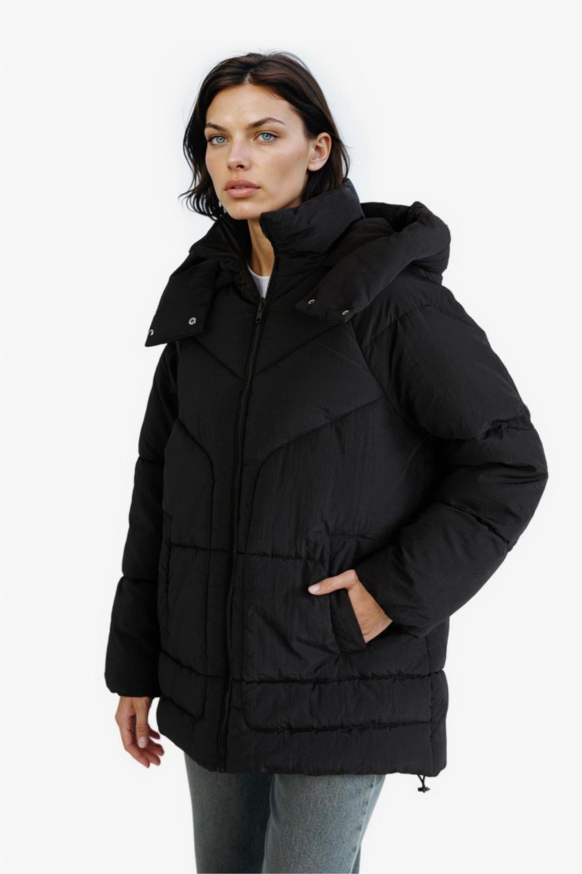 Женщины Черный Водонепроницаемая куртка-парка Relax Fit с капюшоном